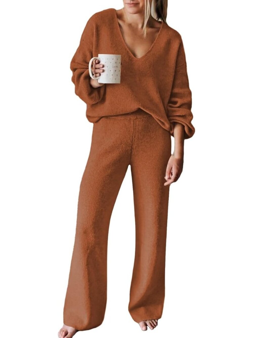 Chic Pink 2-Piece Long Sleeve Sweater Top & Wide Leg Pants Set for Women